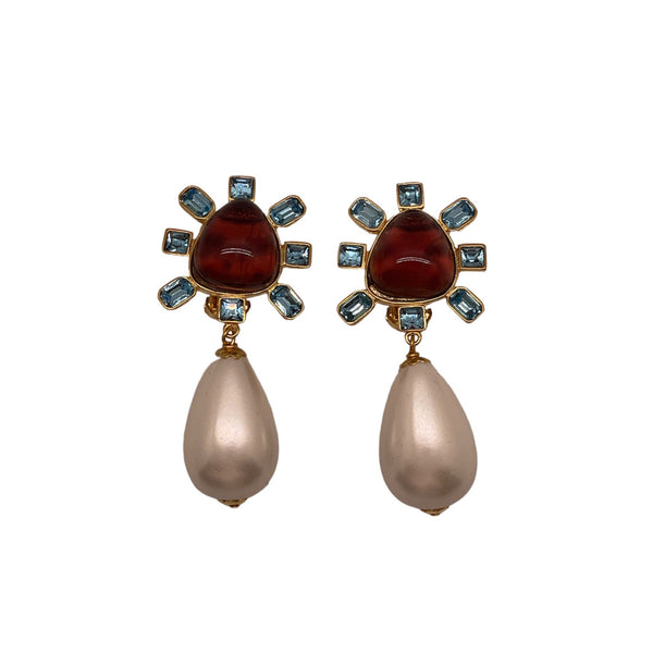 Aqua & Amethyst Cabochon Pearl Earrings