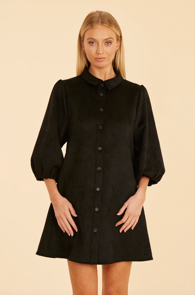 Faux Suede Puff Sleeve Shirt Dress