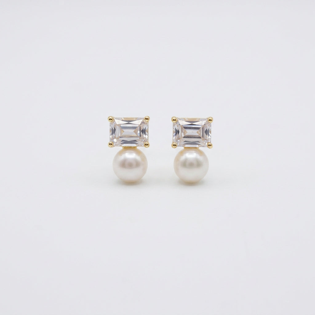 Emerald Cut CZ & Pearl Earrings