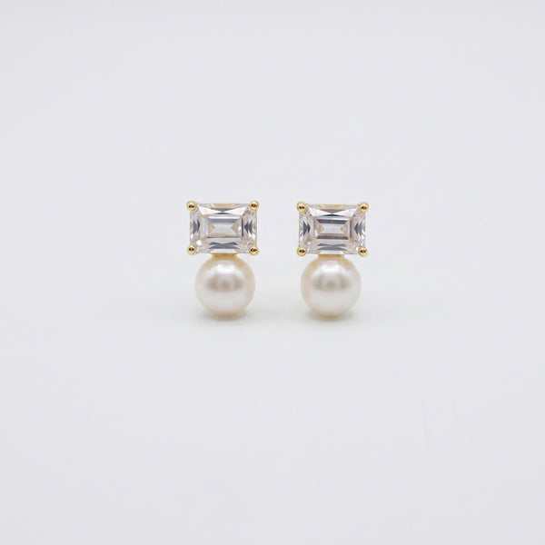 Emerald Cut CZ & Pearl Earrings