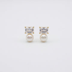 Emerald Cut CZ & Pearl Earrings