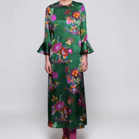 Green Floral Silk Dress