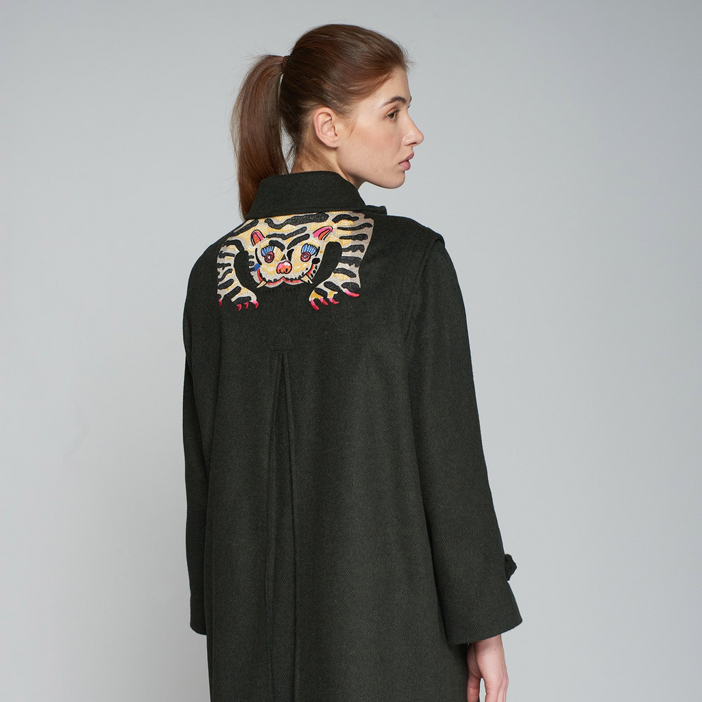 Loden Coat with Tiger Embroidery