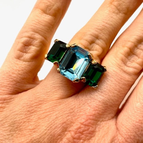 Aquamarine & Emerald Emerald Cut Ring
