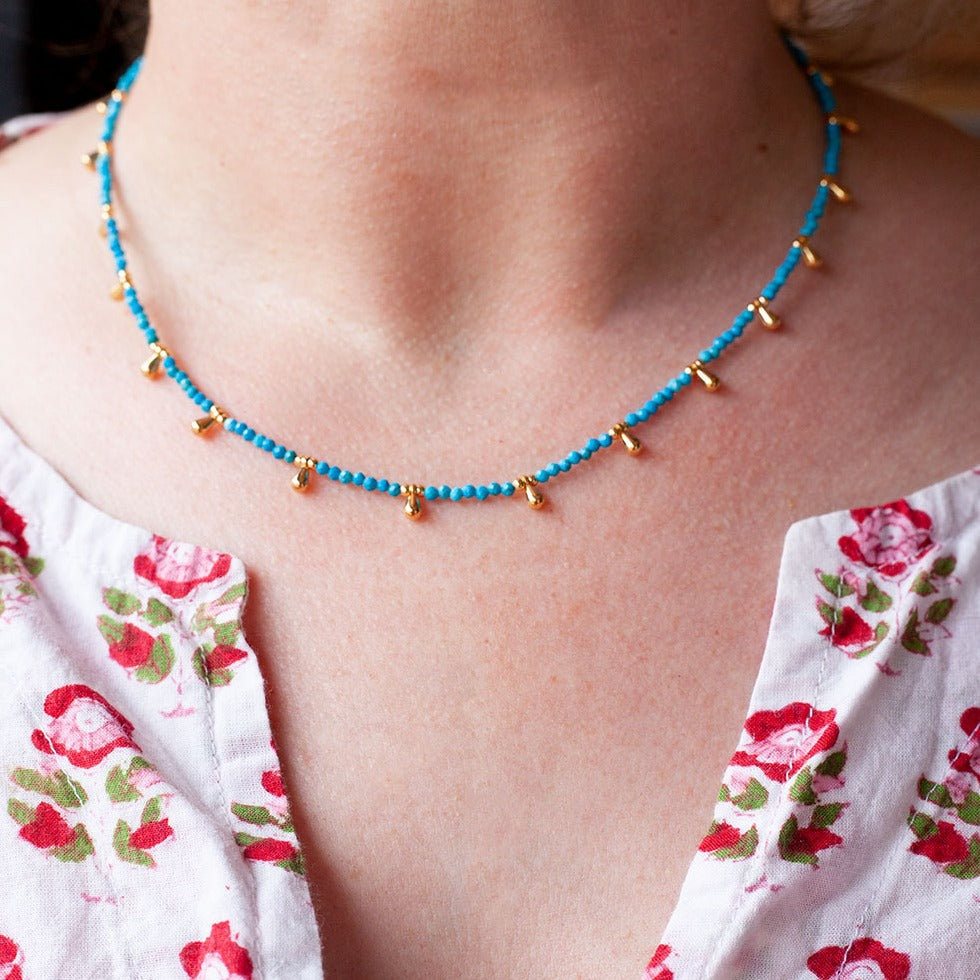 Dainty Beaded Necklace With Rhinestone Studded Pendant - Approximately 14